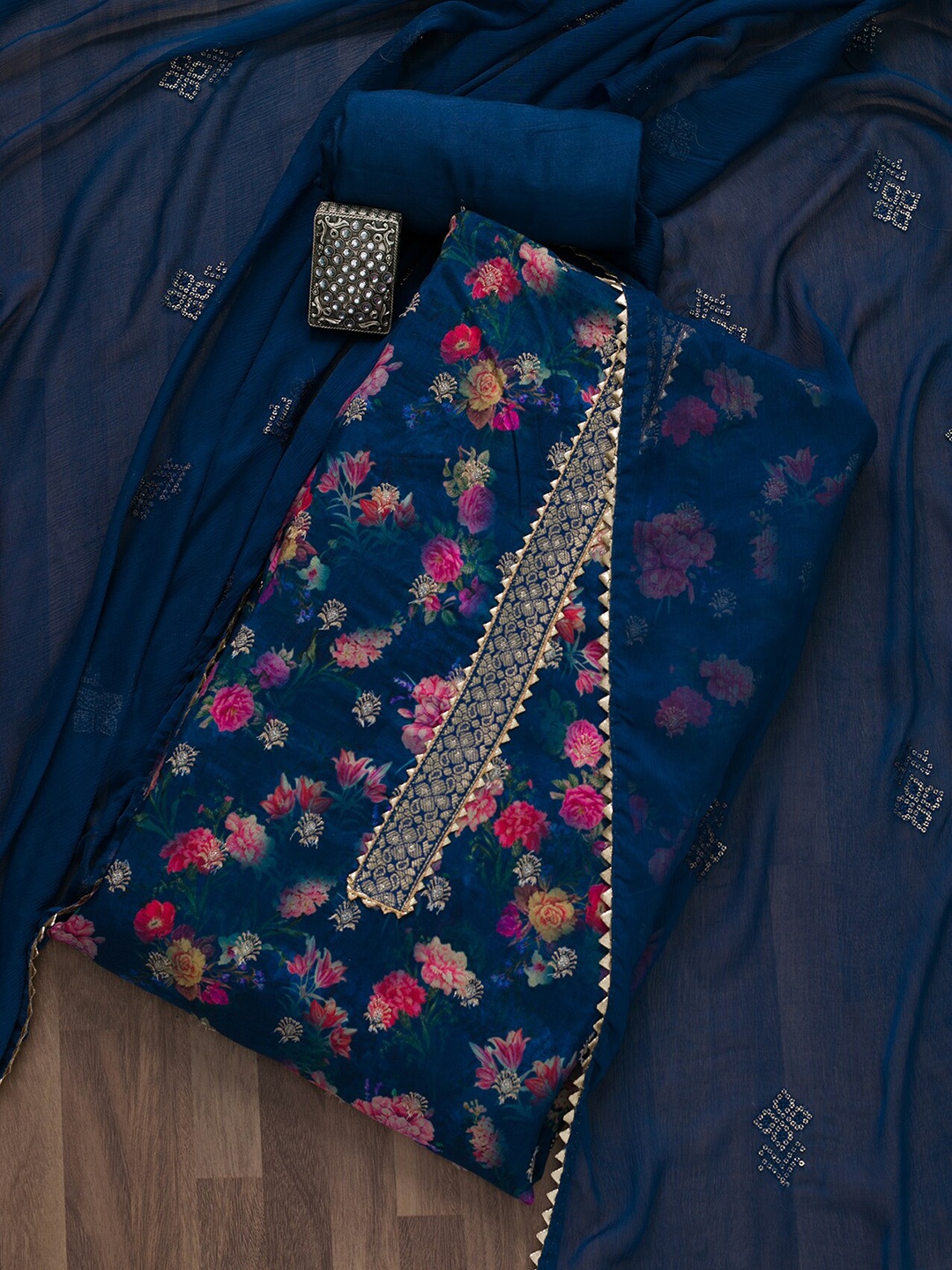 

Koskii Printed Art Silk Unstitched Dress Material, Navy blue