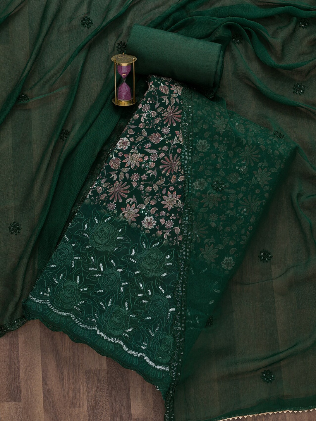 

Koskii Floral Printed Sequinned Unstitched Dress Material, Green