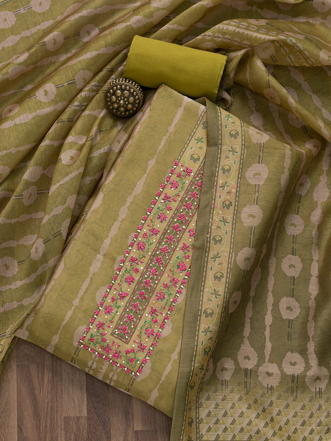 

Koskii Printed Art Silk Semi-Stitched Dress Material, Green