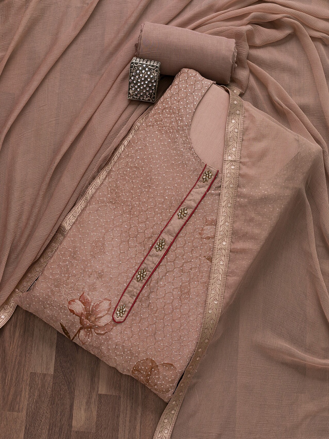 

Koskii Embroidered Semi-Stitched Dress Material, Brown