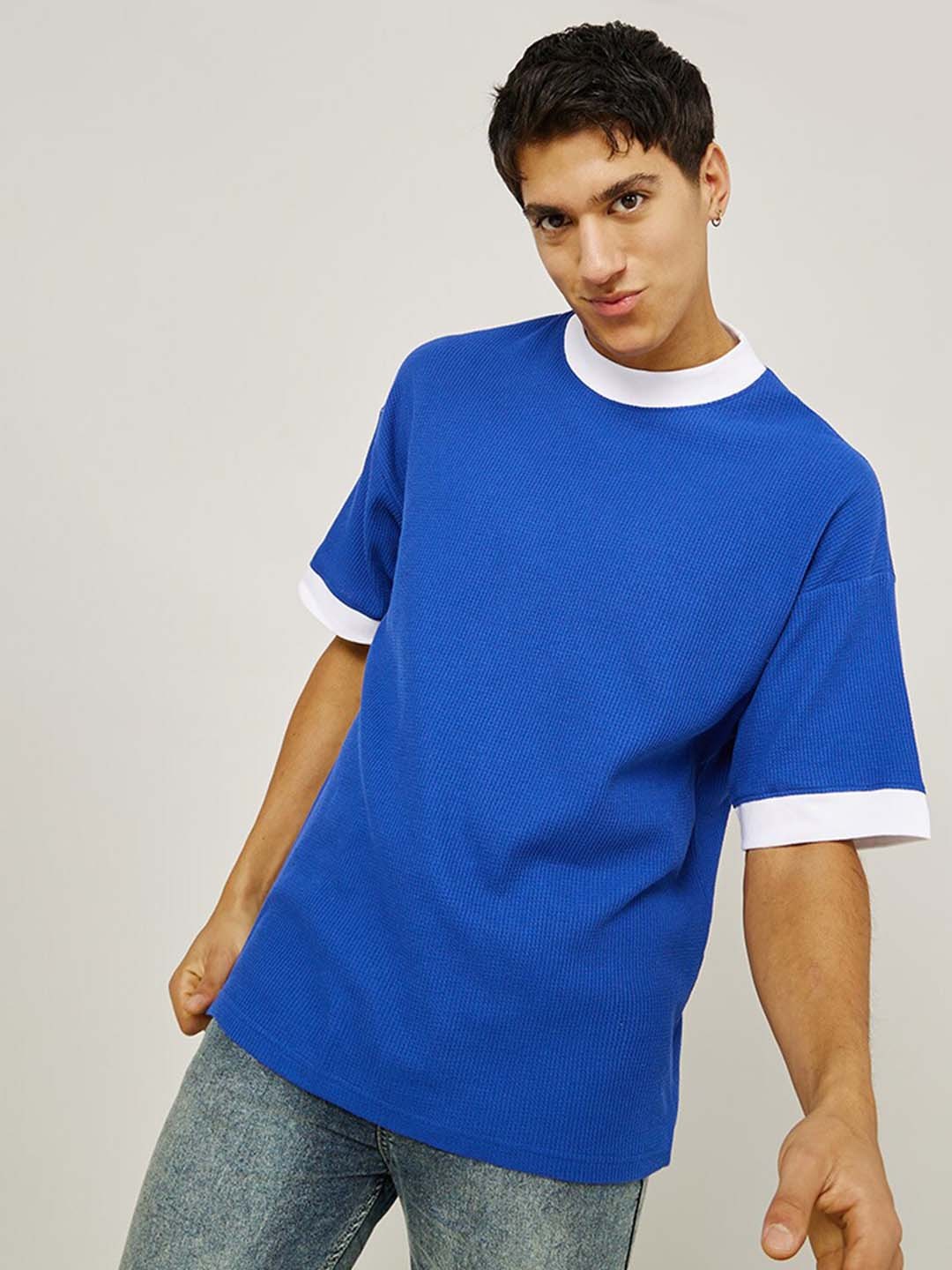 

Styli Waffle Oversized Wide Ribbed Ringer T-Shirt, Navy blue