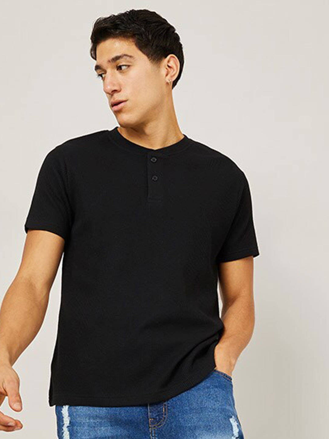 

Styli Waffle Knit Henley T-Shirt, Black