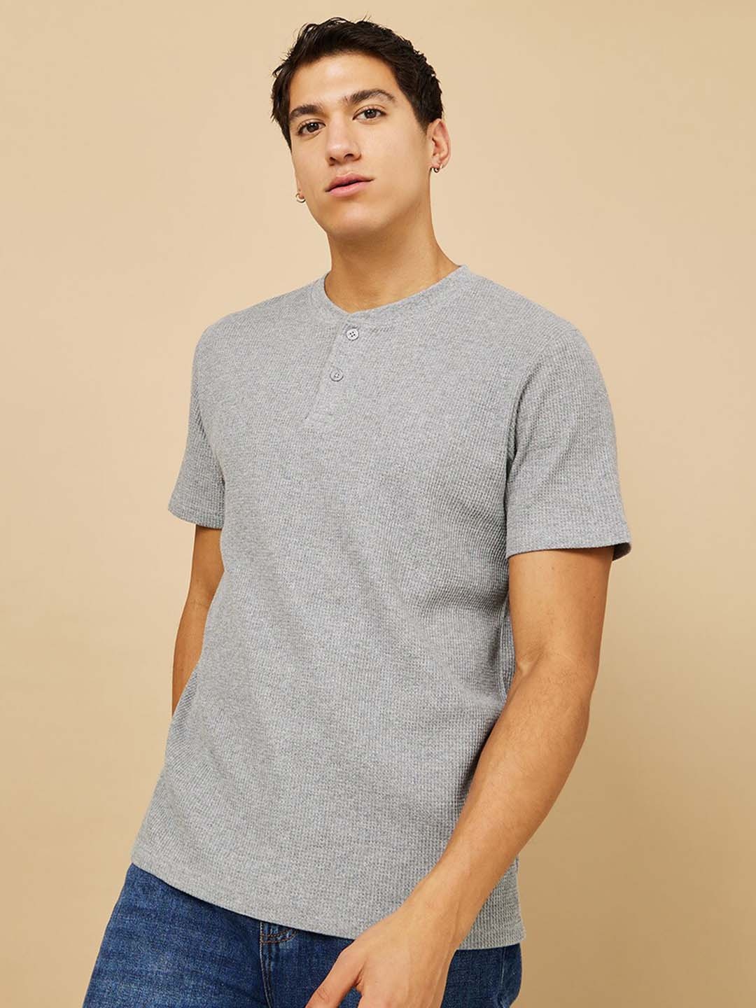 

Styli Cotton Waffle Knit Henley T-Shirt, Grey