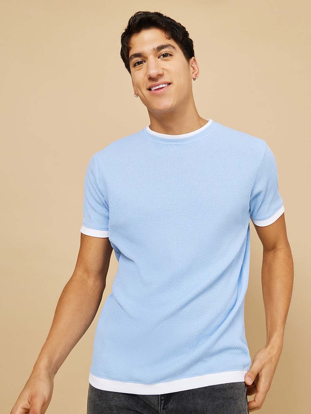 

Styli Contrast Detail Waffle Regular T-Shirt, Blue