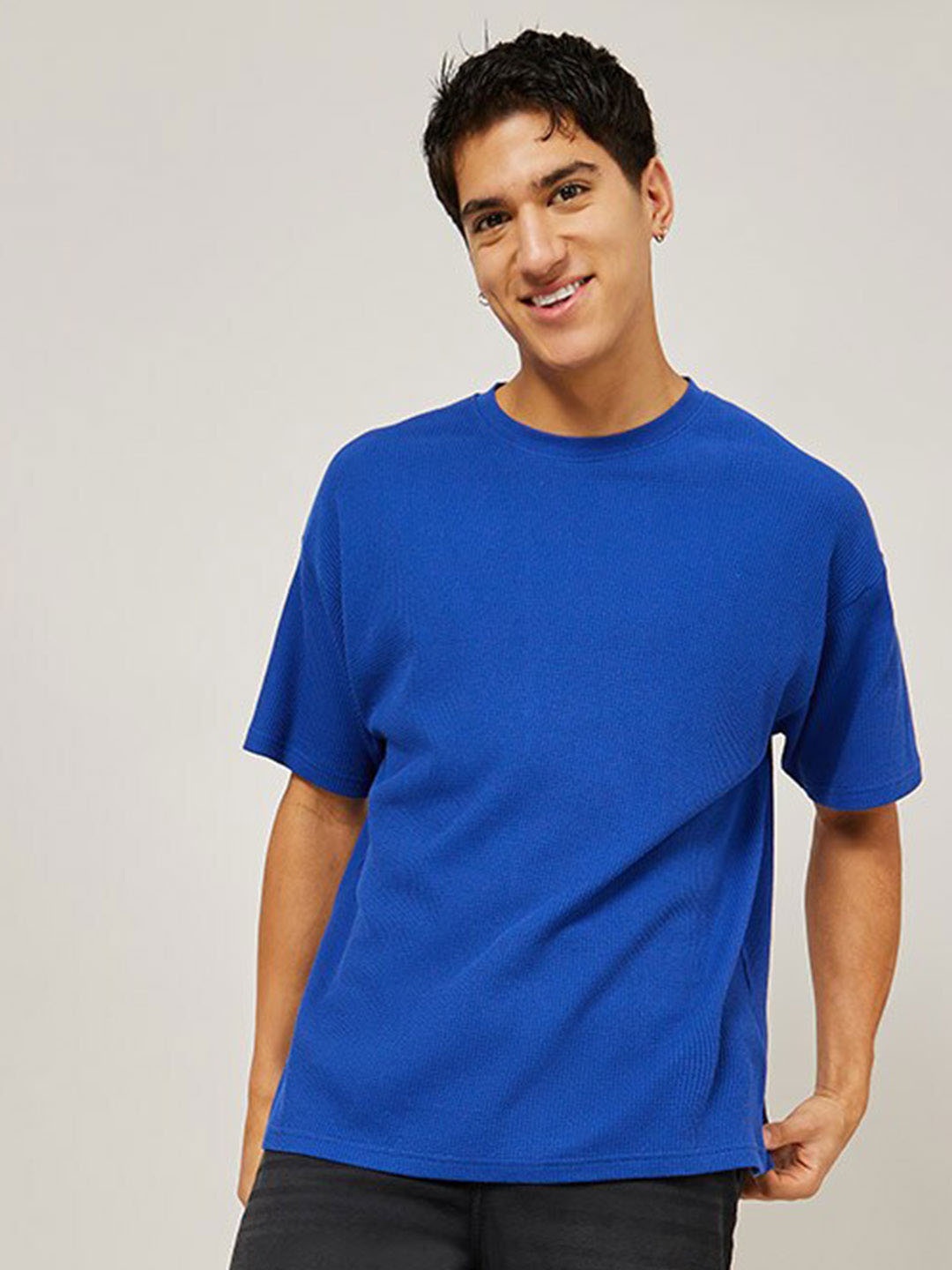 

Styli Men Solid Cotton Waffle Knit Oversized T-Shirt, Blue