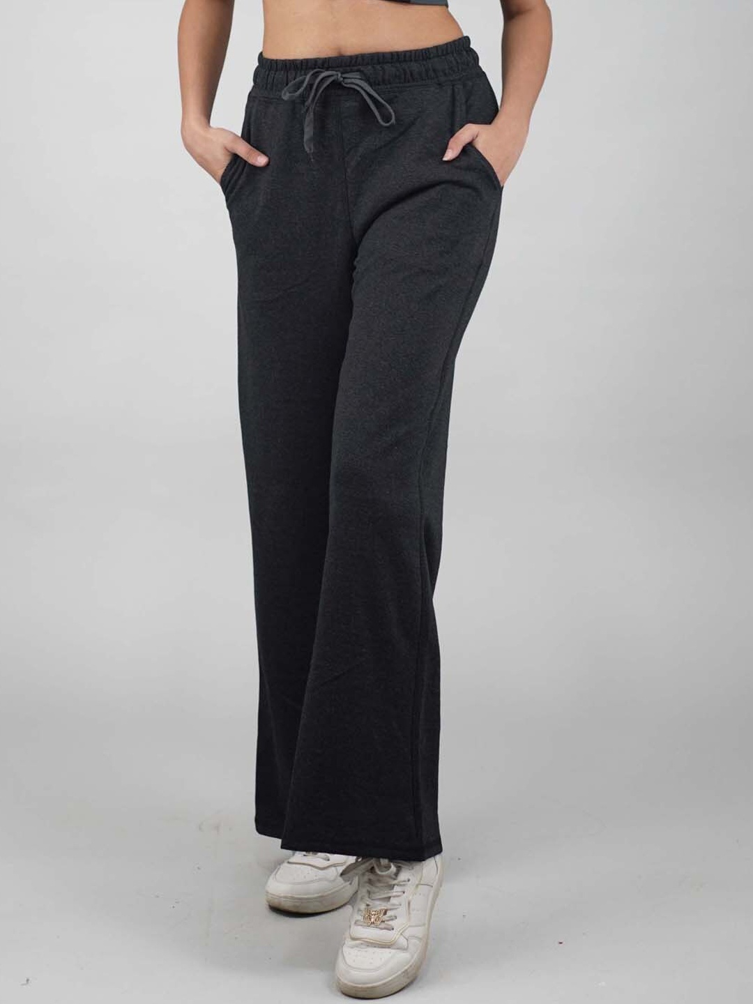 

IMPERATIVE Women Cotton Relaxed Flared High-Rise Trousers, Charcoal