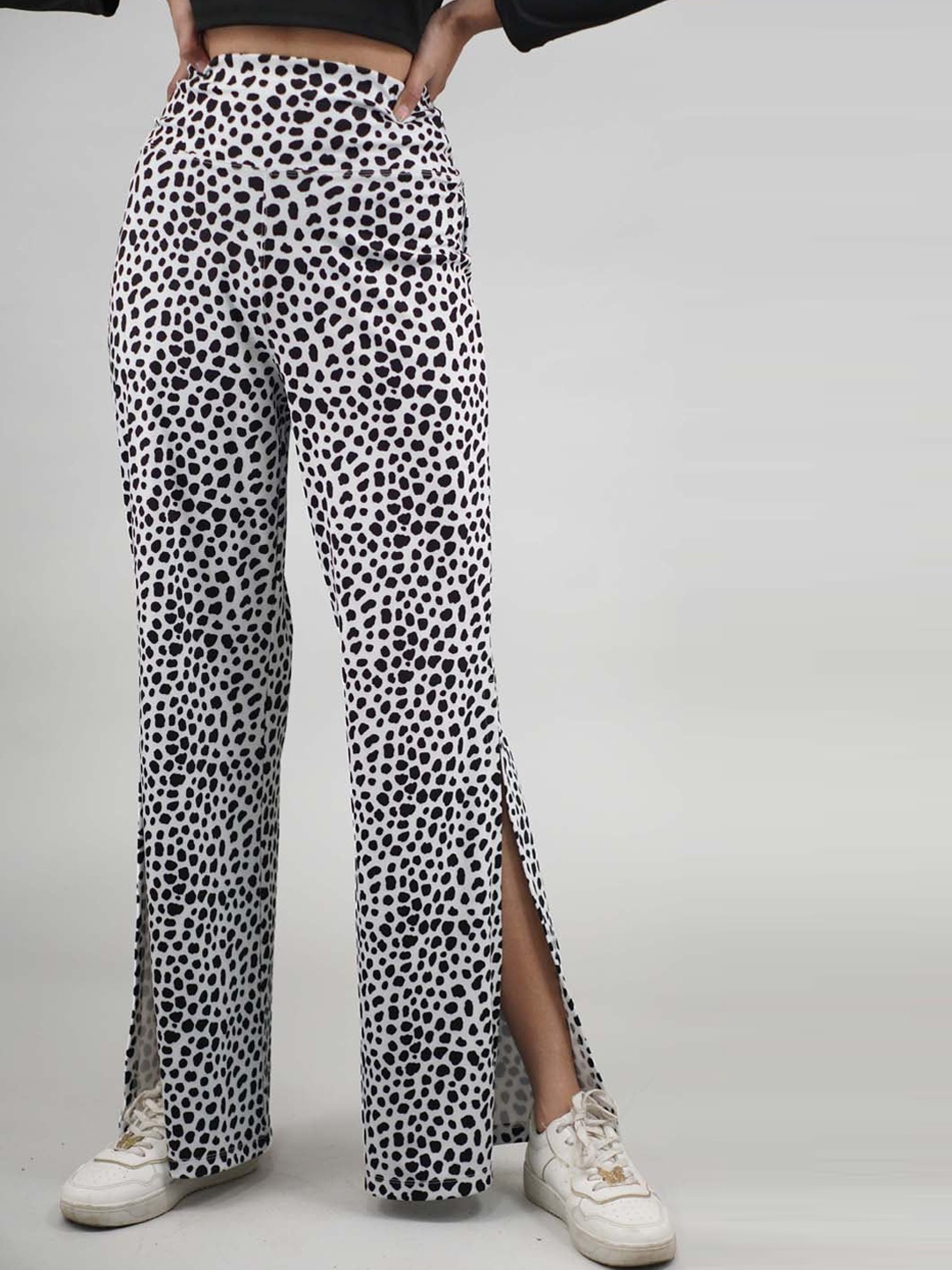 

IMPERATIVE Women Animal Printed Relaxed Flared High-Rise Trousers, White