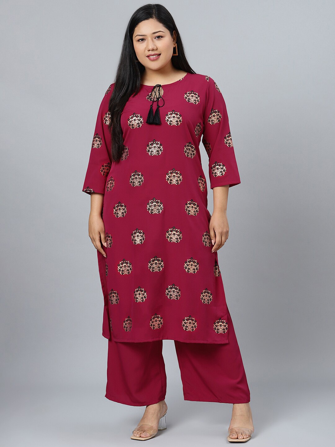 

curveZI by Ziyaa Ethnic Motifs Printed Thread Work Kurta with Palazzos, Magenta