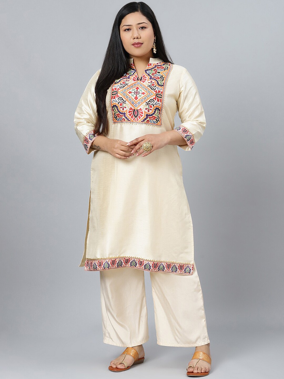 

curveZI by Ziyaa Ethnic Motifs Printed Kurta with Palazzos, Cream