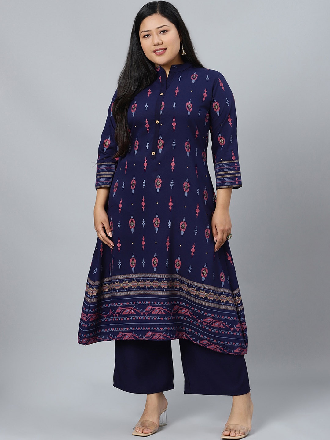 

curveZI by Ziyaa Ethnic Motifs Printed Kurta with Palazzos, Navy blue