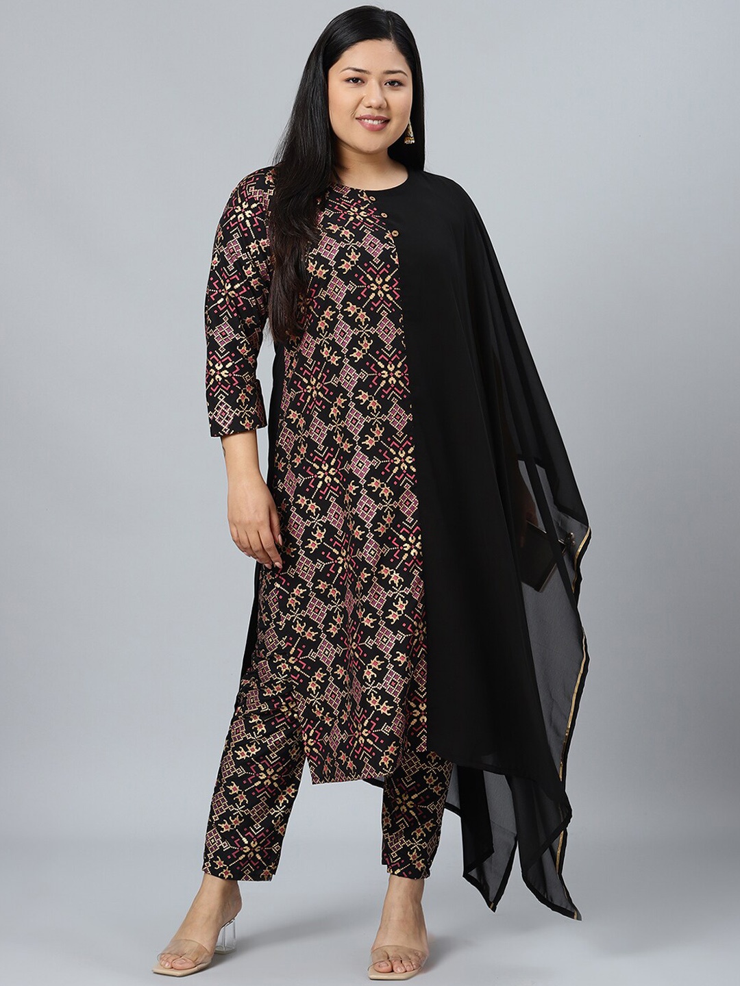 

curveZI by Ziyaa Printed Kurta with Trousers, Black