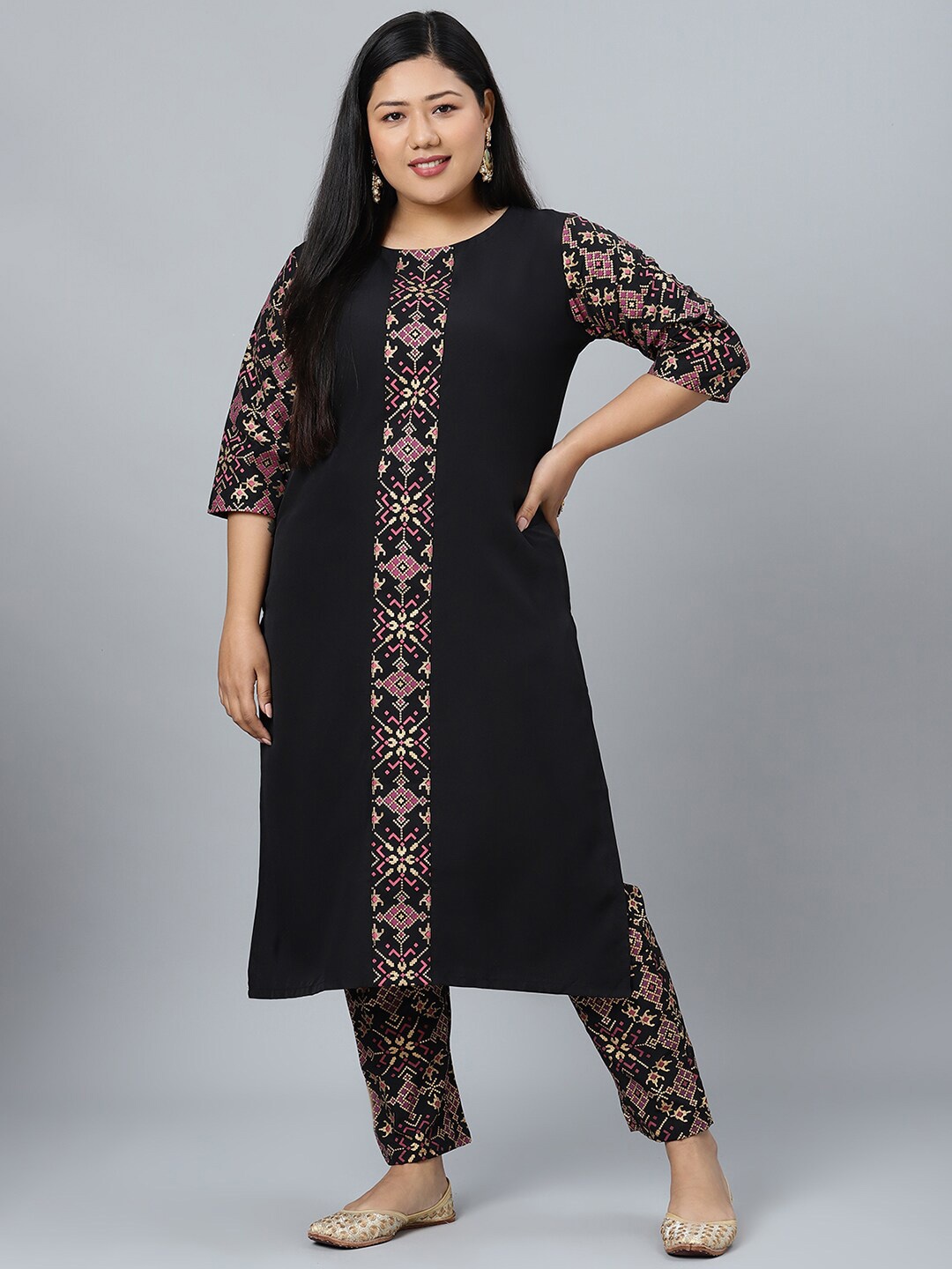 

curveZI by Ziyaa Ethnic Motifs Printed Kurta with Trousers, Black