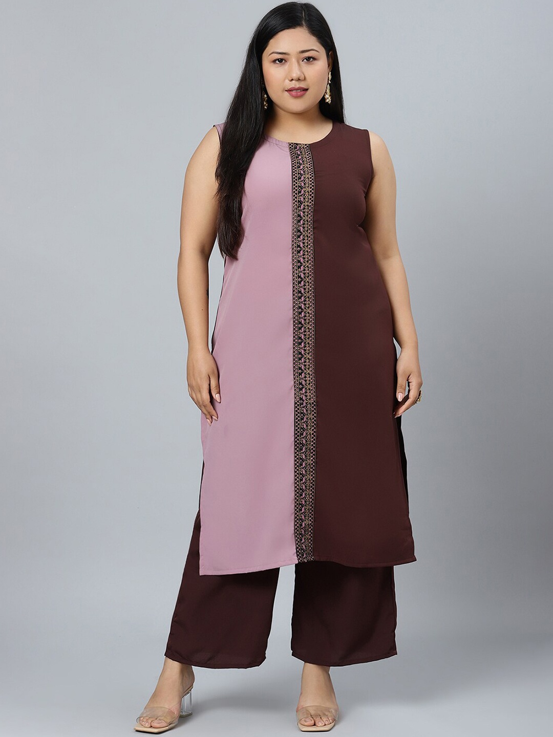 

curveZI by Ziyaa Colourblocked Kurta with Palazzos, Brown