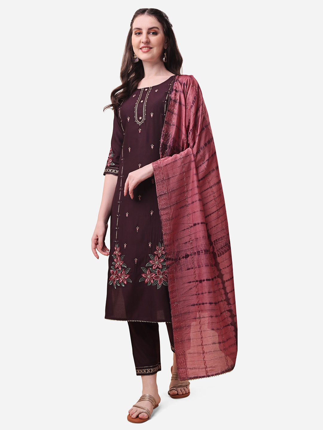 

Berrylicious Women Magenta Floral Embroidered Beads and Stones Chanderi Cotton Kurta with Trousers & With