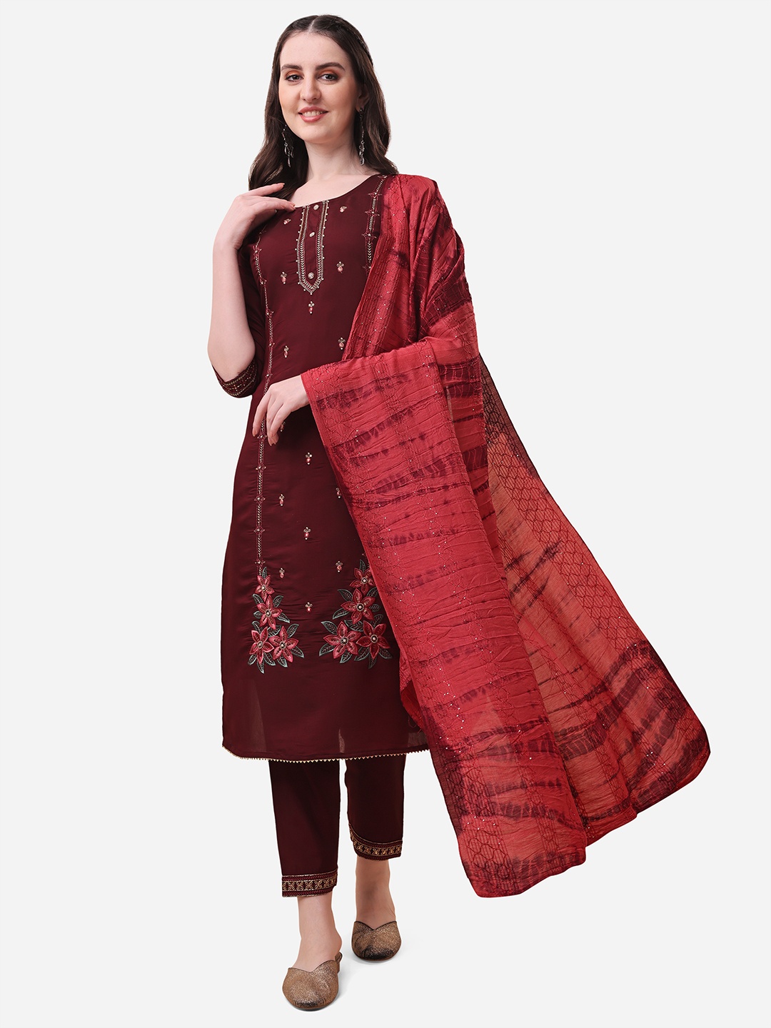 

Berrylicious Women Maroon Floral Embroidered Beads and Stones Chanderi Cotton Kurta with Trousers & With
