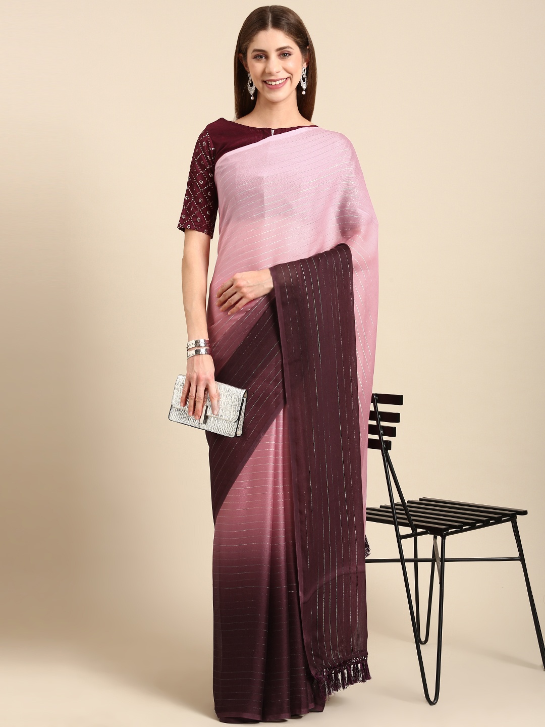 

SHANGRILA Ombre Embroidered Pure Chiffon Saree, Pink