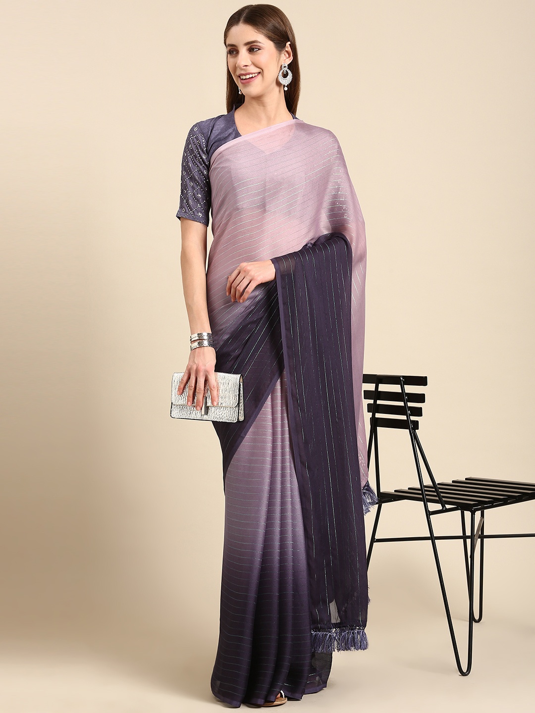 

SHANGRILA Ombre Embroidered Pure Chiffon Saree, Mauve