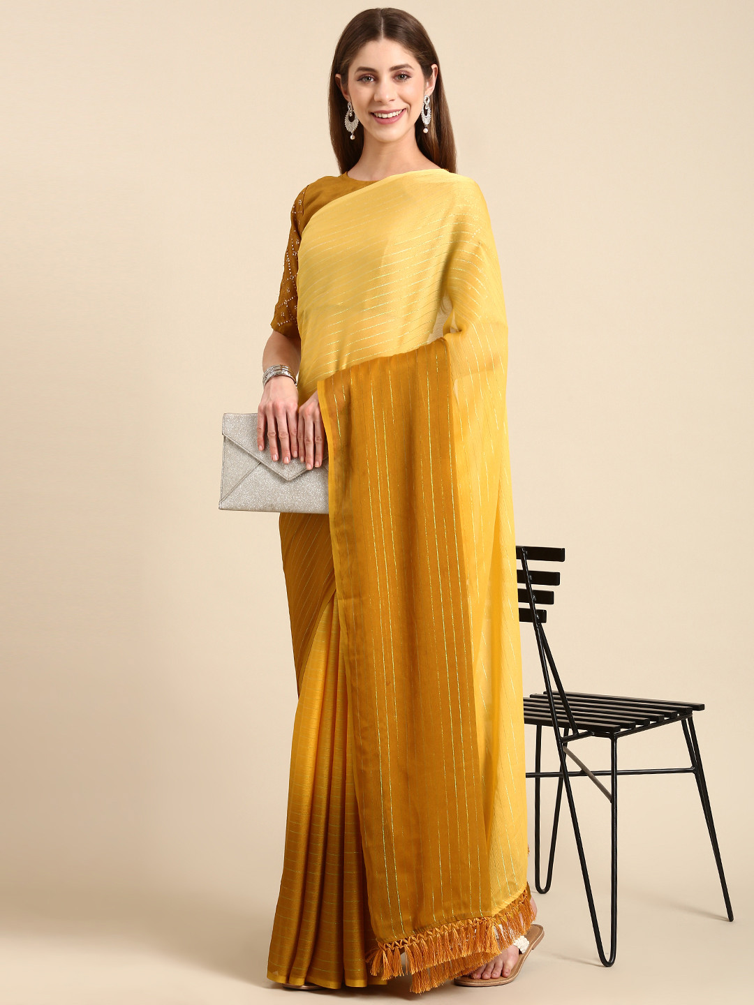 

SHANGRILA Ombre Embroidered Pure Chiffon Saree, Yellow