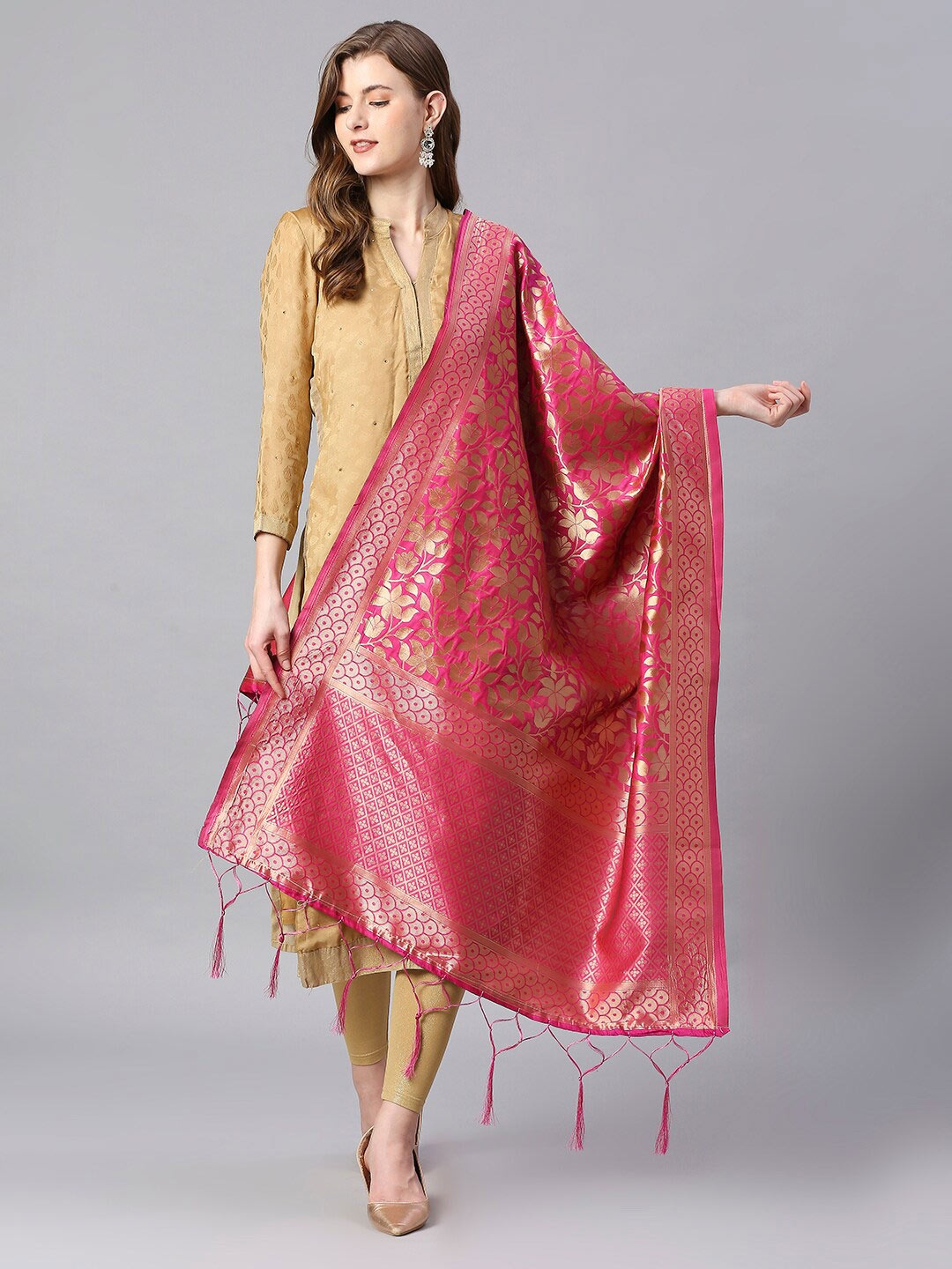 

Dupatta Bazaar Woven Design Banarasi Silk Dupatta, Pink