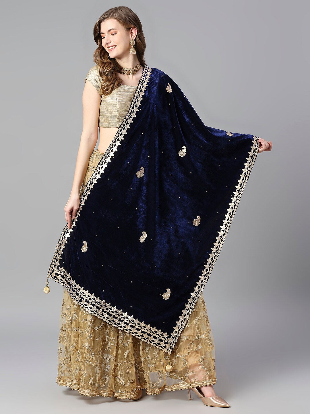 

Dupatta Bazaar Embroidered Velvet Dupatta, Navy blue