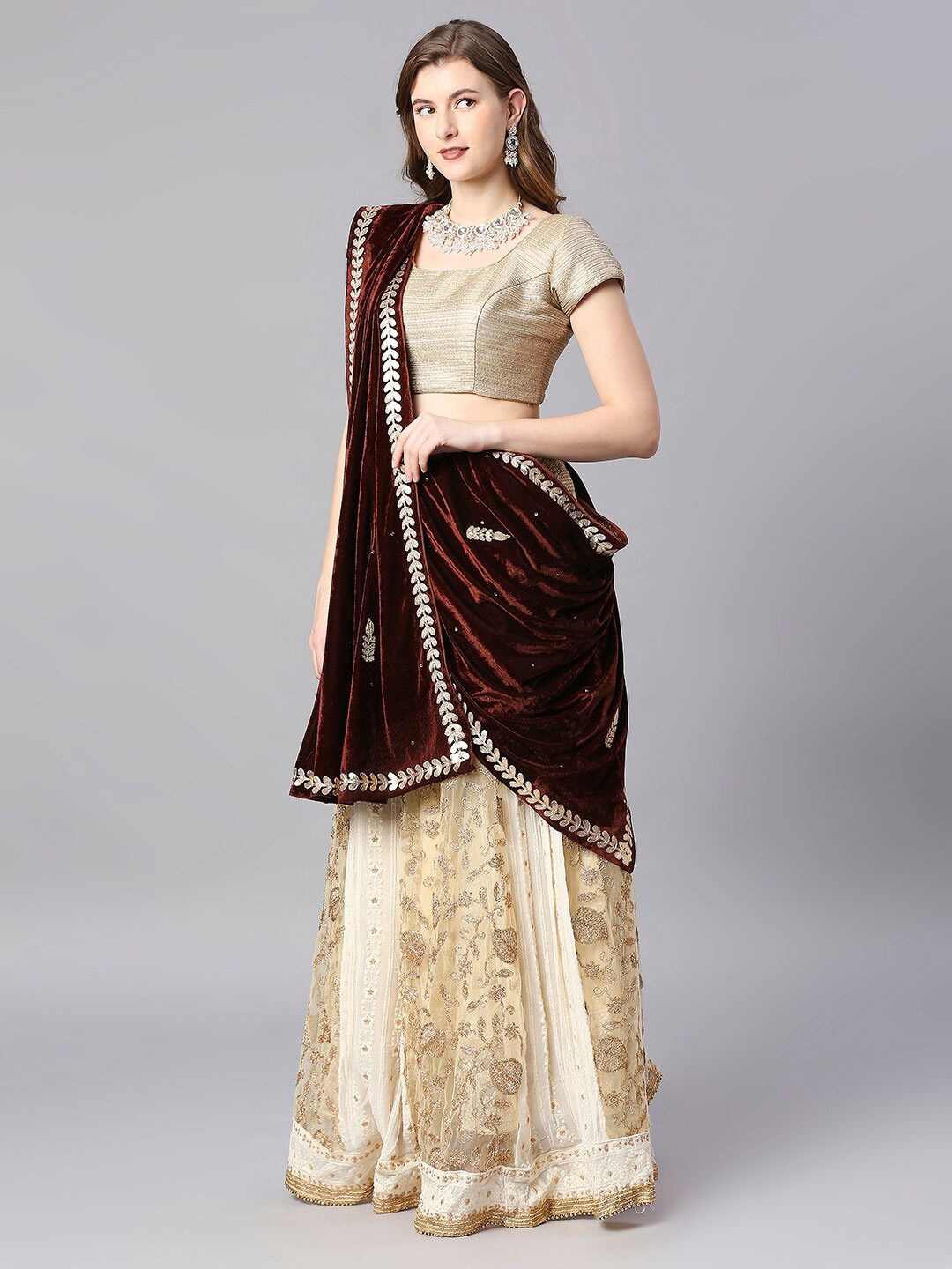 

Dupatta Bazaar Velvet Dupatta with Gotta Patti, Brown