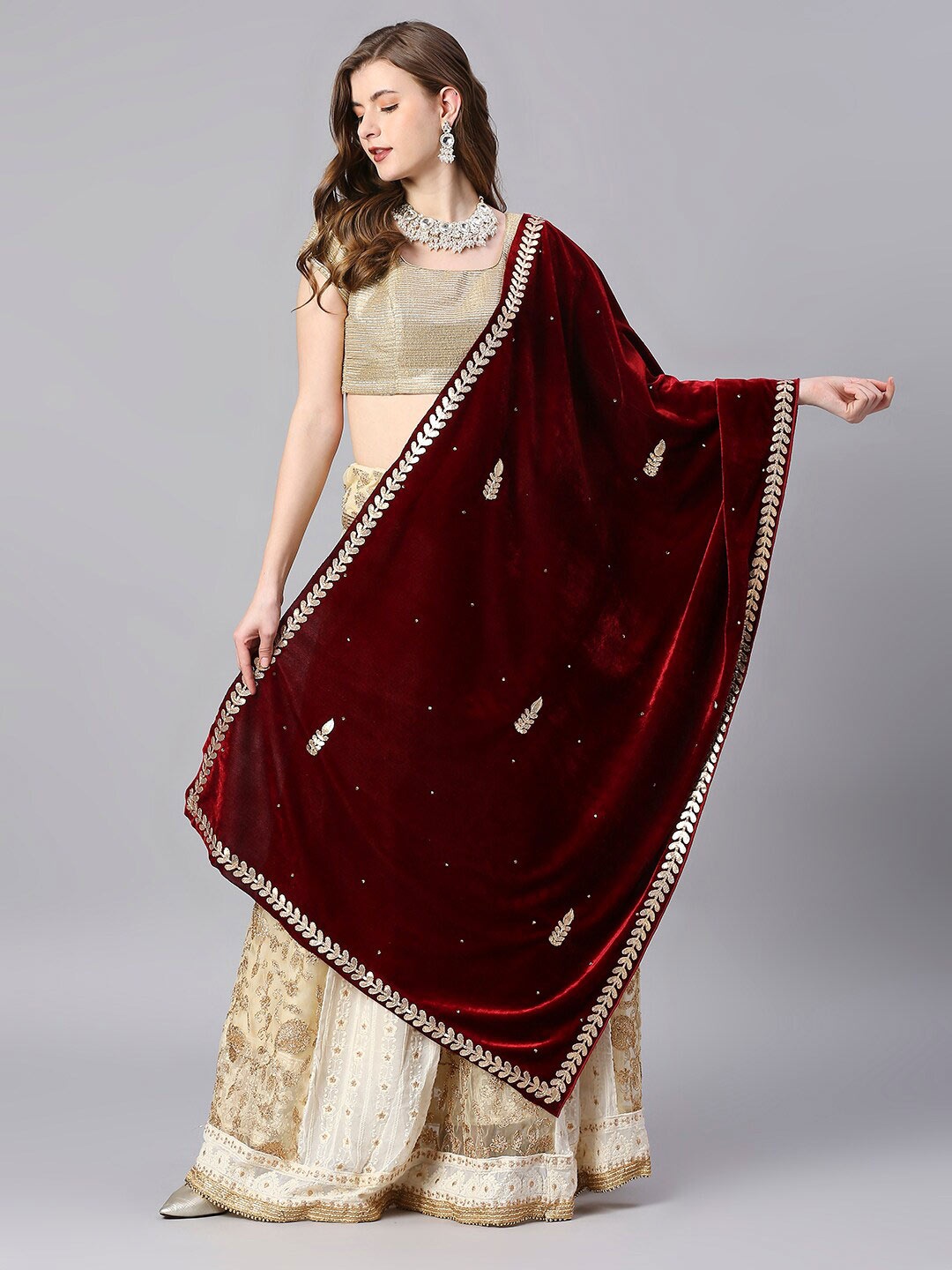 

Dupatta Bazaar Embroidered Velvet Dupatta with Gotta Patti, Maroon
