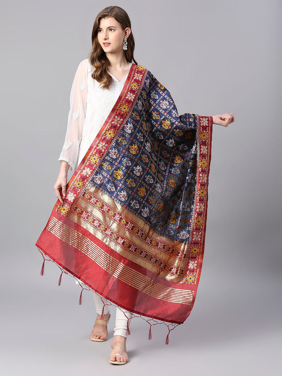 

Dupatta Bazaar Ethnic Motifs Woven Design Silk Dupatta with Zari, Navy blue