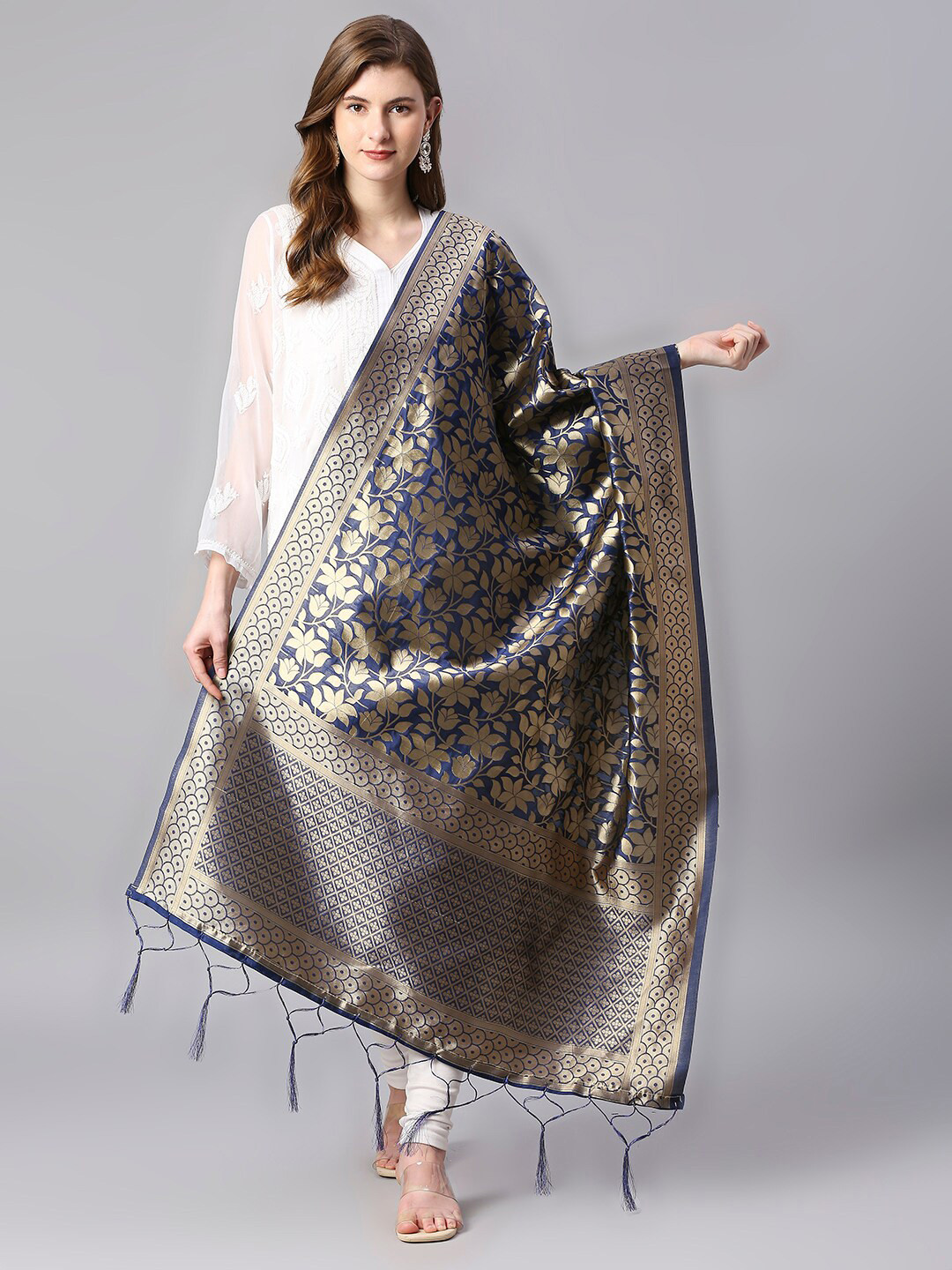 

Dupatta Bazaar Floral Woven Design Silk Dupatta with Zari, Navy blue