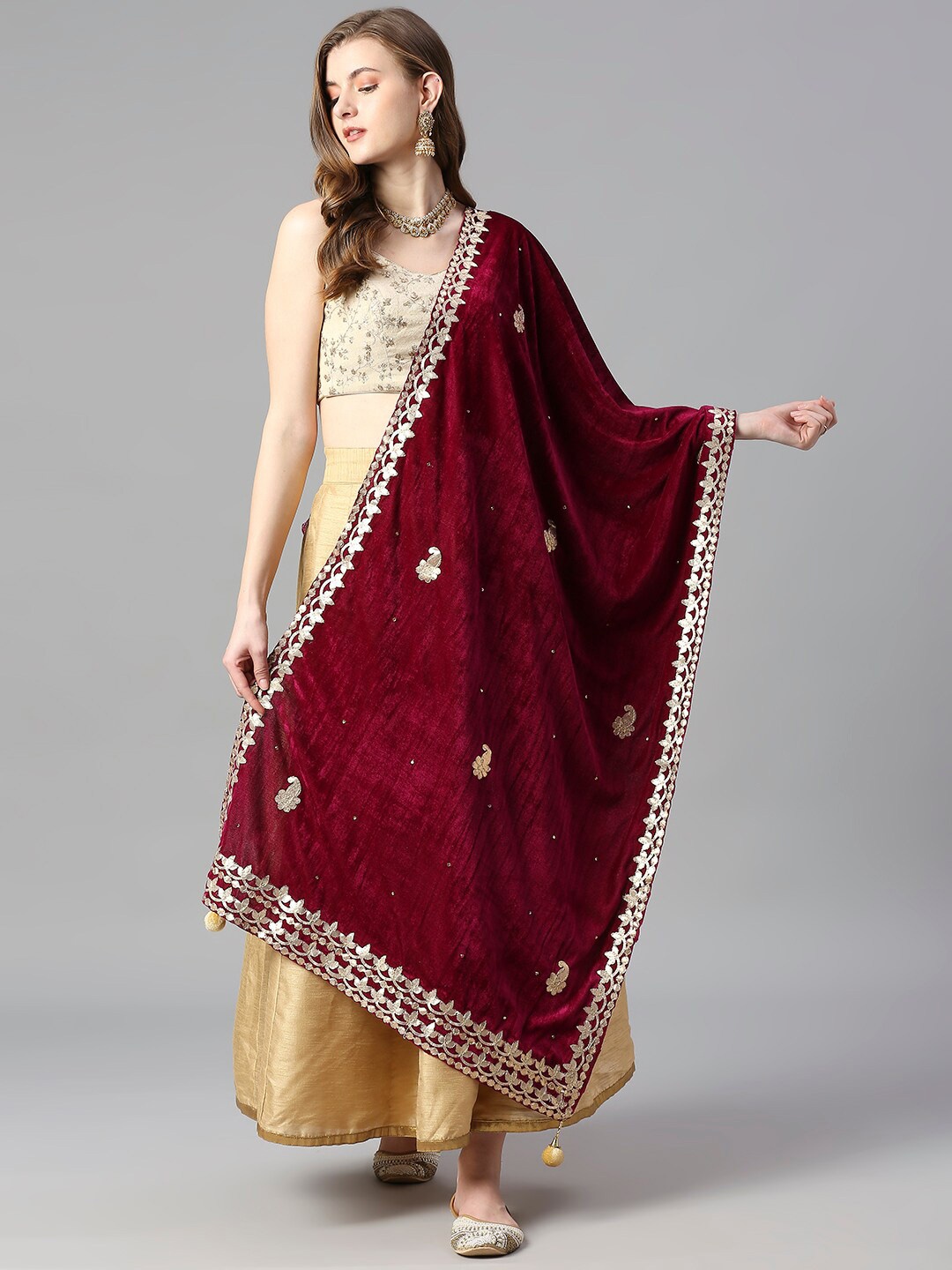 

Dupatta Bazaar Embroidered Velvet Dupatta with Gotta Patti, Burgundy