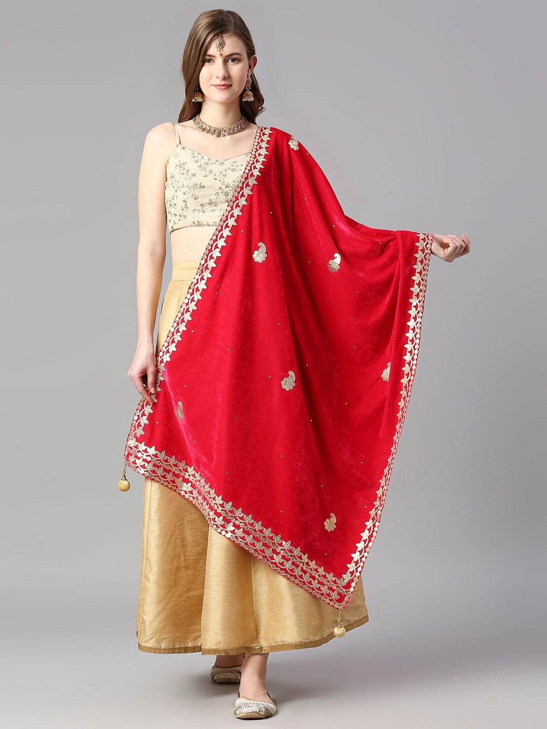 

Dupatta Bazaar Embroidered Velvet Dupatta with Gotta Patti, Pink