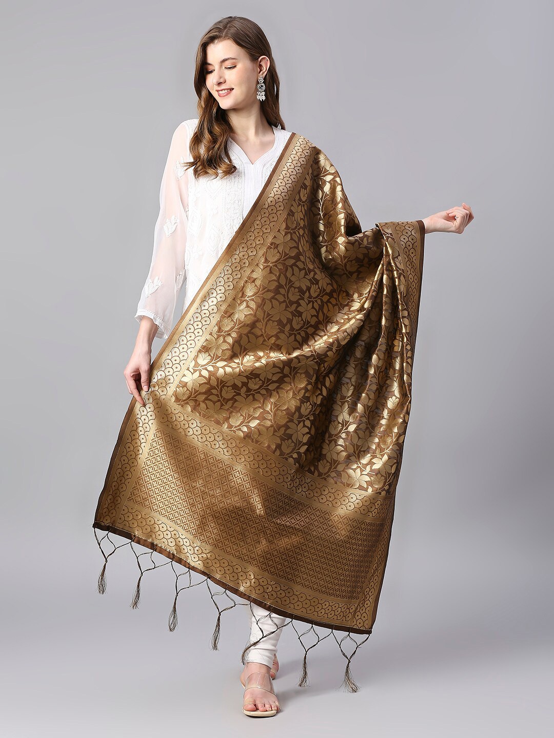 

Dupatta Bazaar Woven Design Silk Dupatta with Zari, Brown