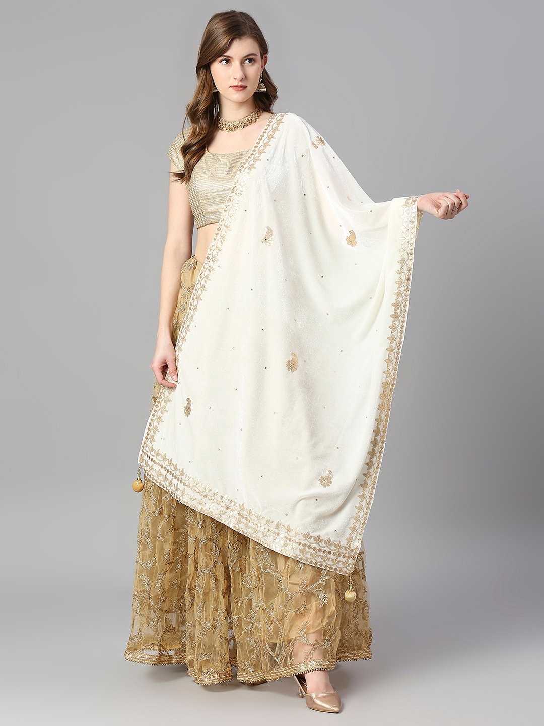 

Dupatta Bazaar Embroidered Velvet Dupatta with Gotta Patti, Cream