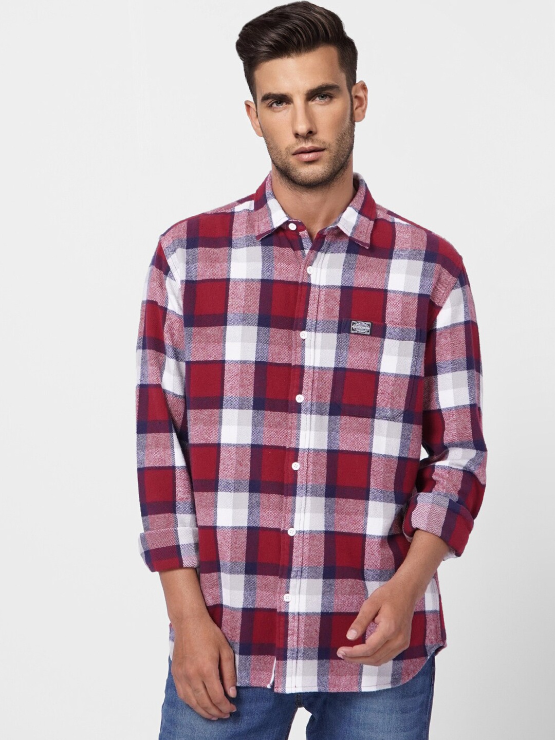 

Jack & Jones Men Tartan Checked Cotton Casual Shirt, Red