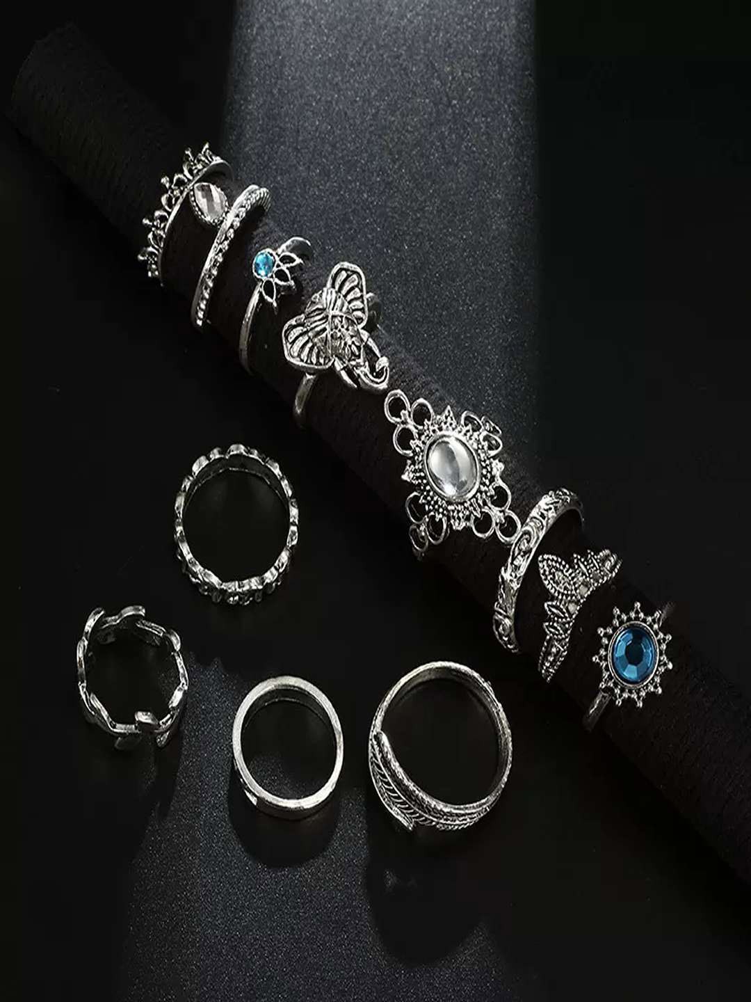 

Pinapes Set Of 10 Oxidised Silver-Plated Boho Finger Ring