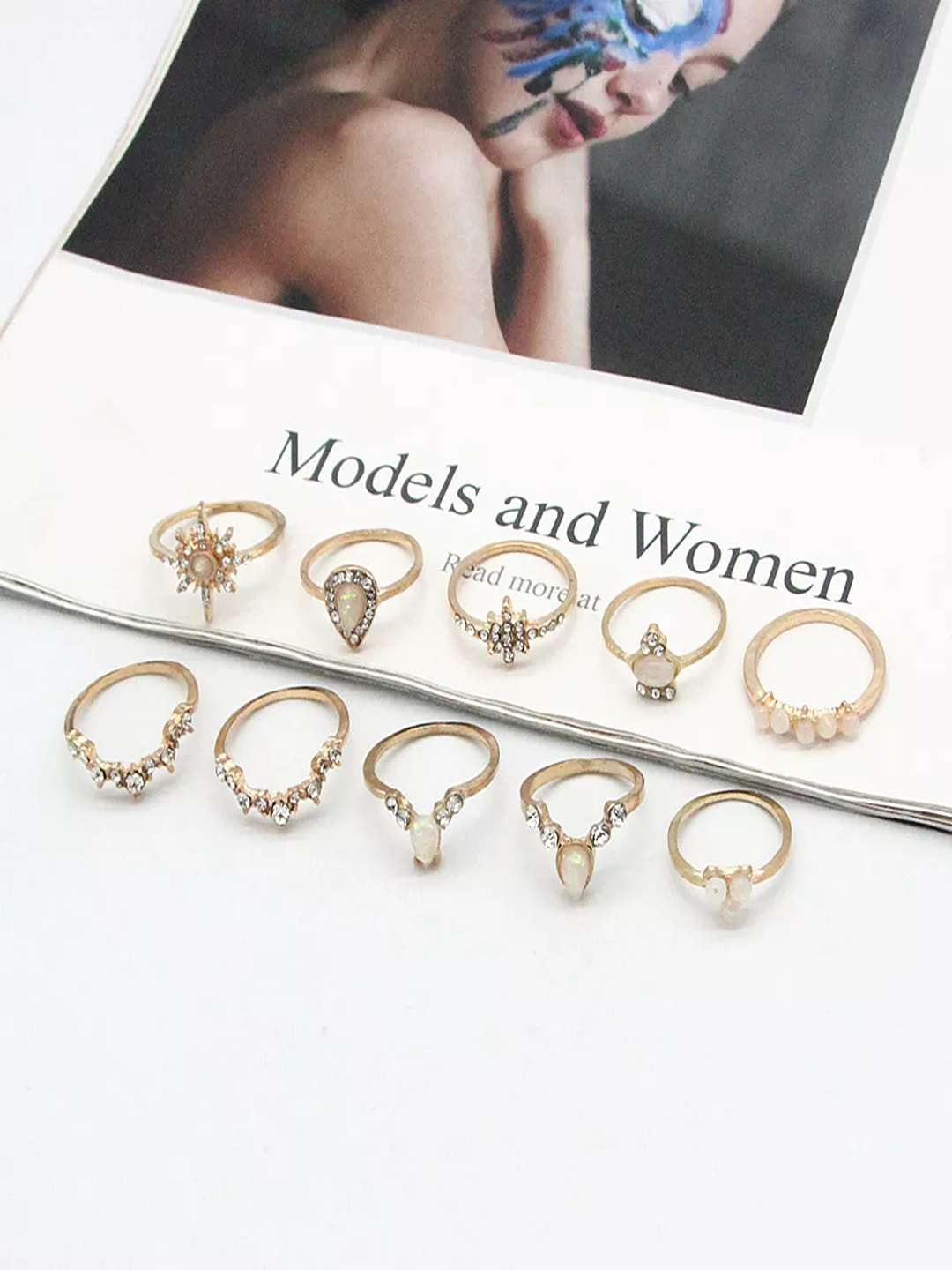 

Pinapes Set of 10 Gold-Plated Oxidized Stone Studded Adjustable Finger Rings