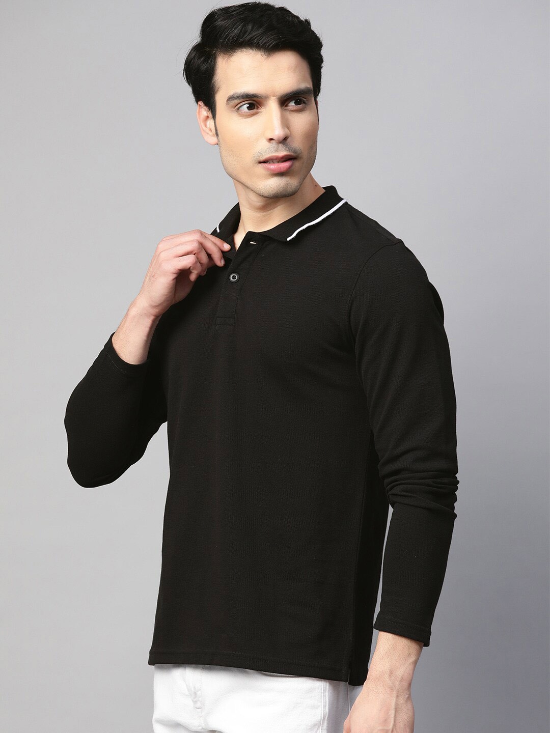 

ManQ CASUAL Men Polo Collar Primeknit Slim Fit T-shirt, Black