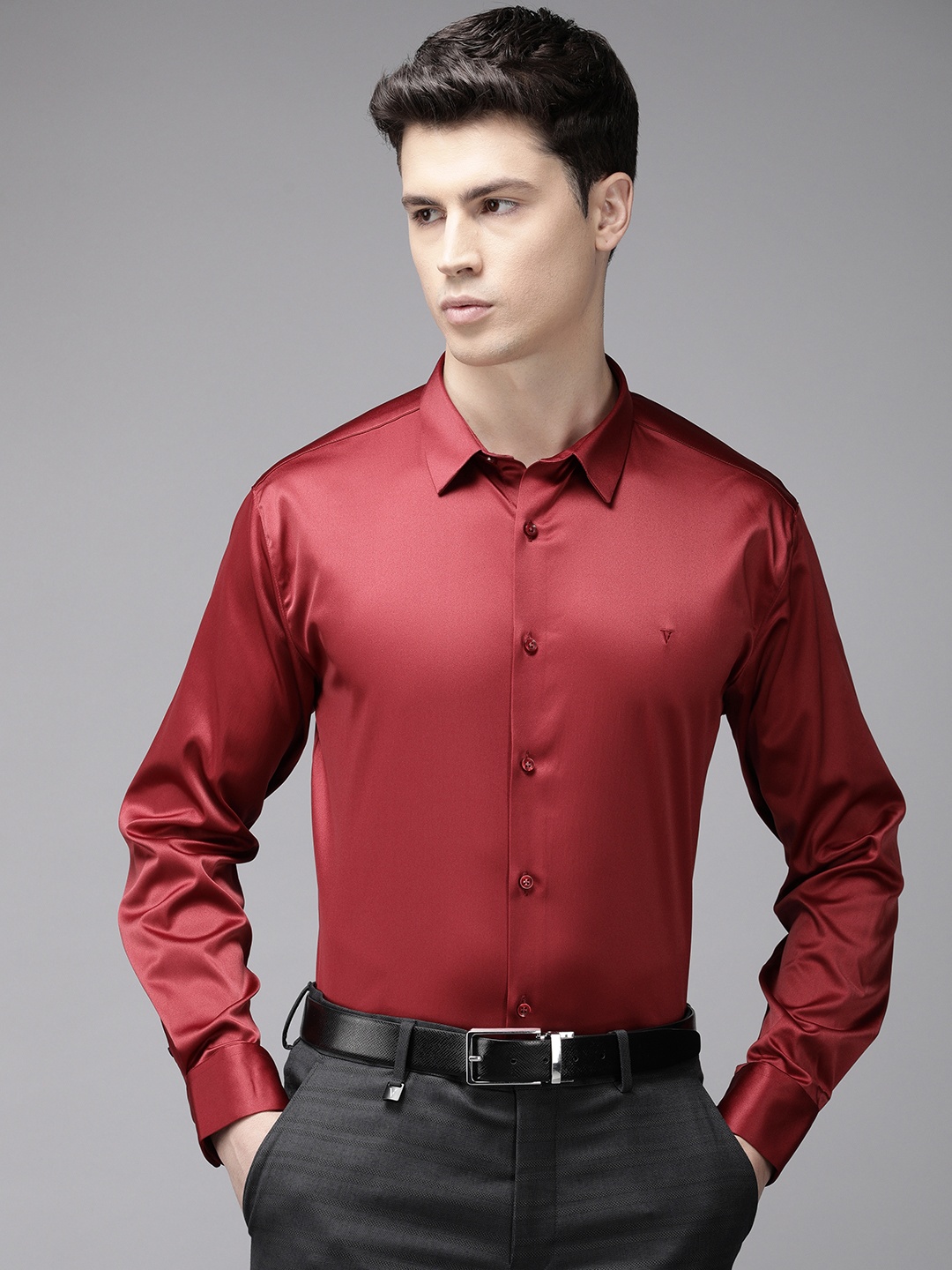 

V Dot Satin Finish Slim Fit Opaque Formal Shirt, Maroon