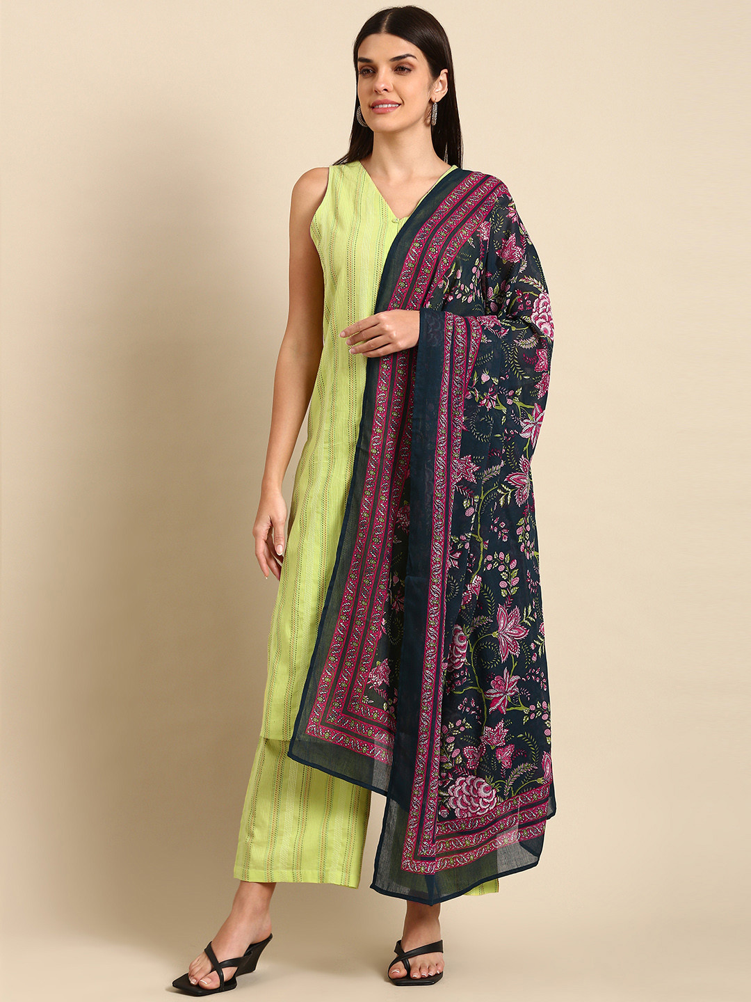 

anayna Women Striped Pure Cotton Kurta With Palazzos & Dupatta, Lime green