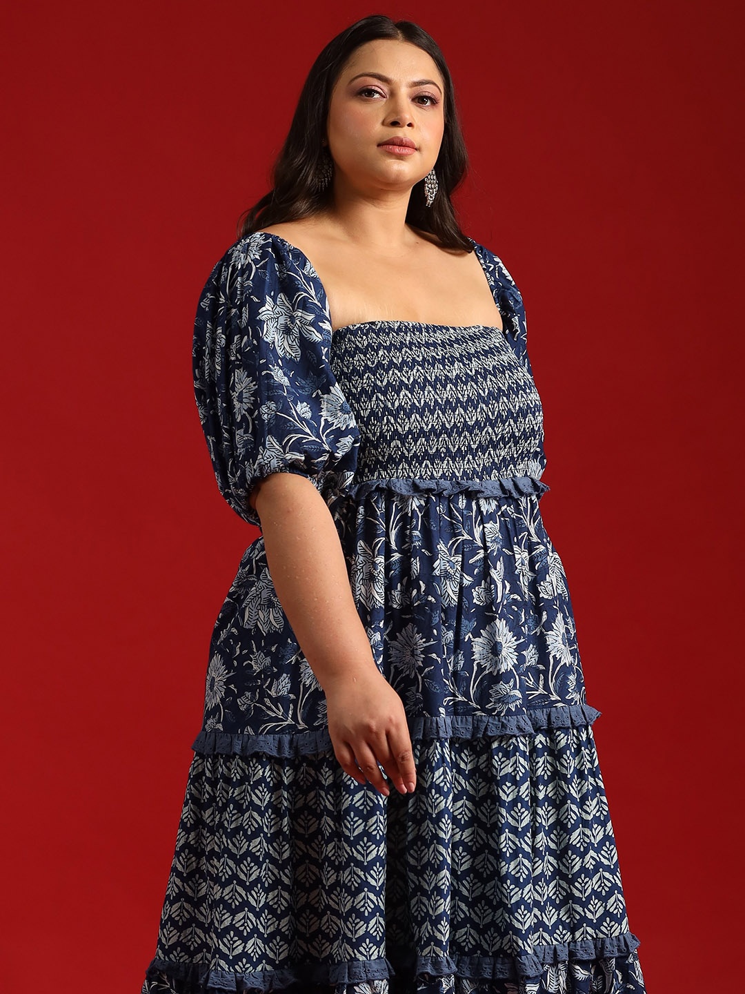 

anayna Blue Floral Ethnic A-Line Cotton Midi Ethnic Dress