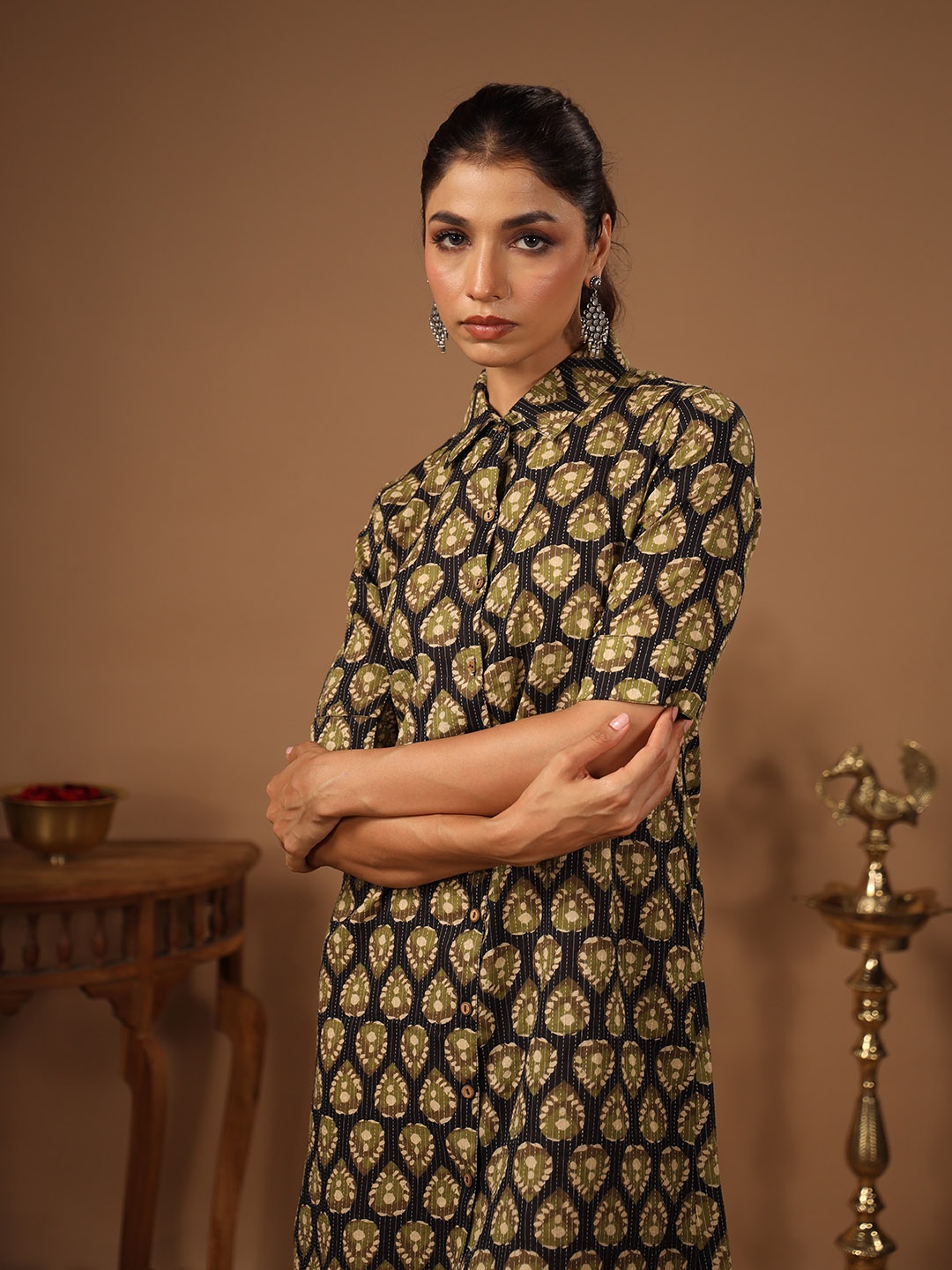 

anayna Ethnic Motifs Cotton Shirt Dress, Black