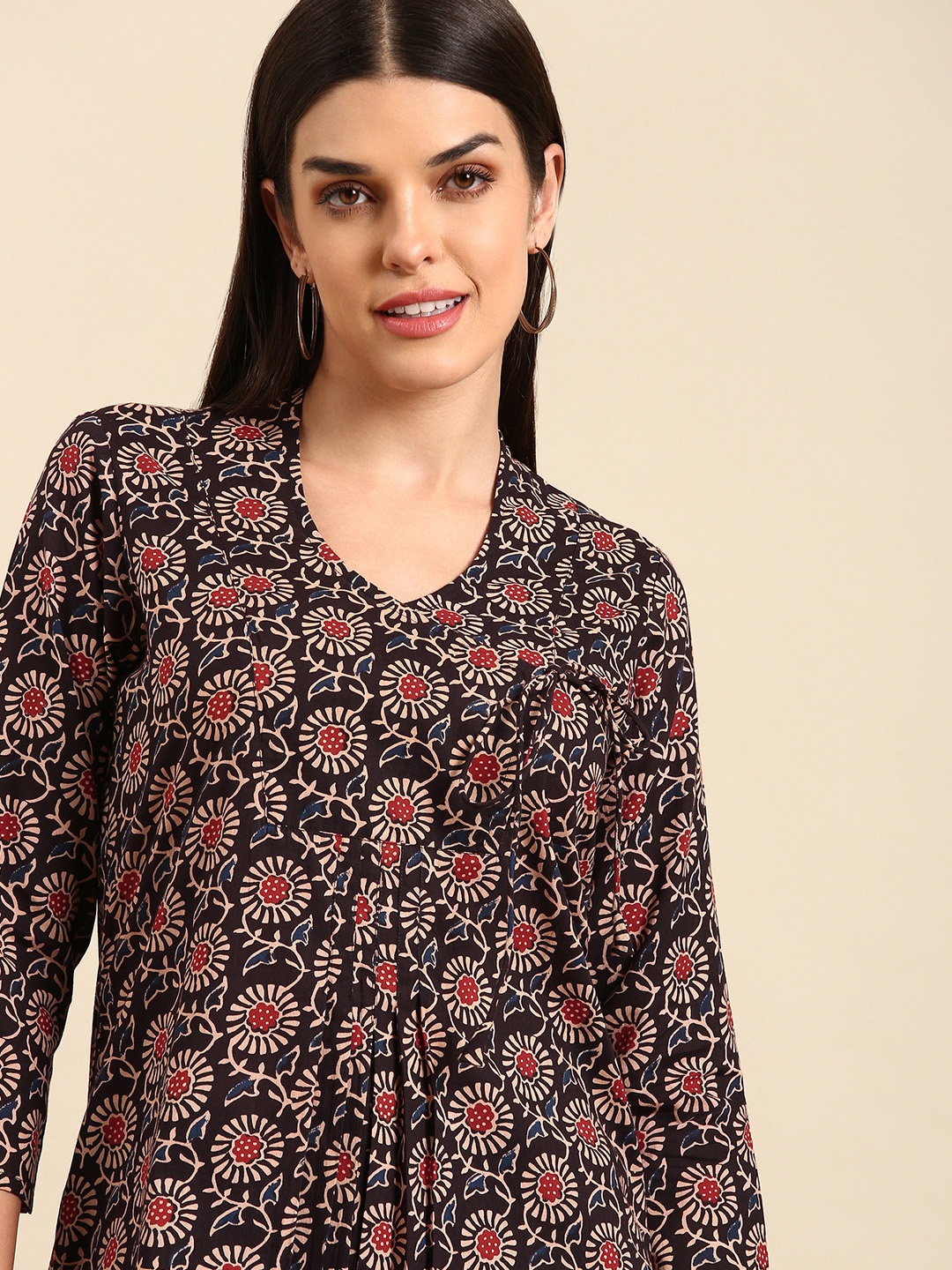 

anayna Printed Wrap Cotton Top, Black