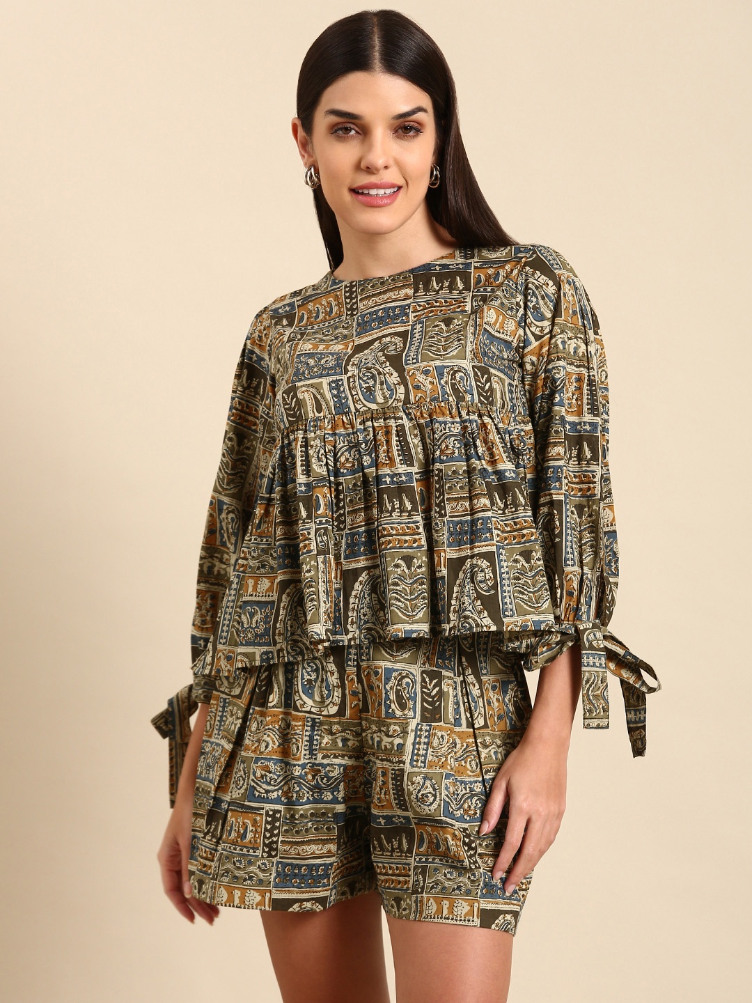 

Anayna Women Pure Cotton Printed Top With Shorts, Blue