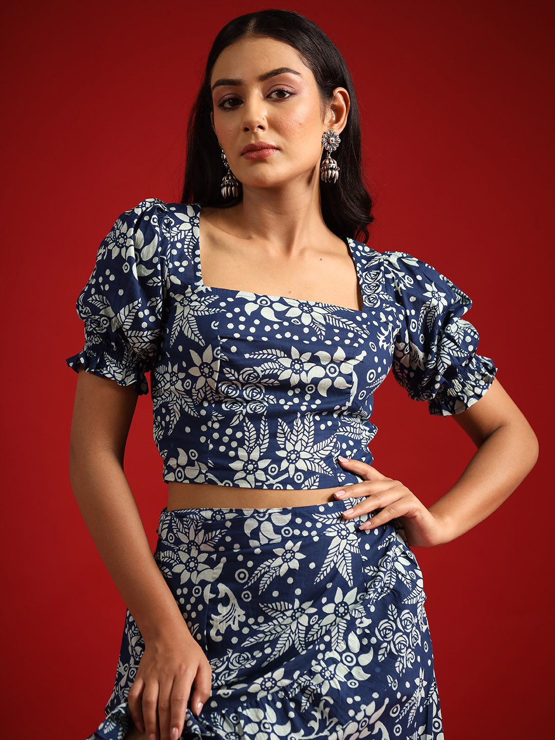 

Anayna Women Pure Cotton Printed Top With Skirt, Blue