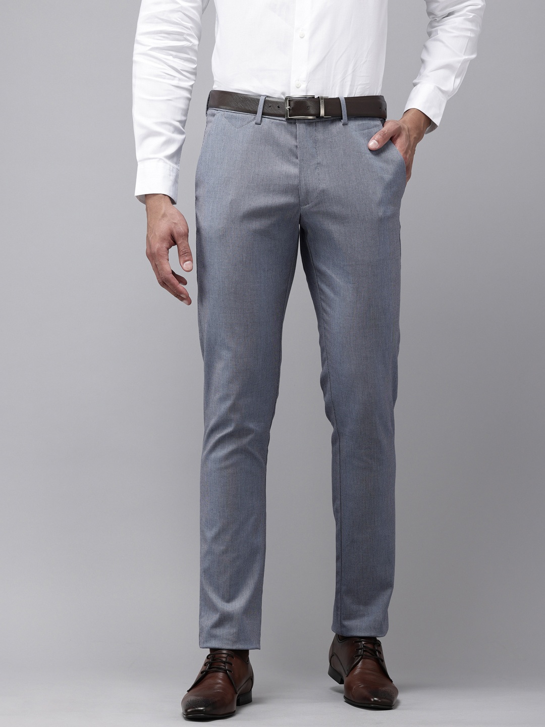 

Van Heusen Men Self Design Textured Slim Fit Formal Trousers, Blue
