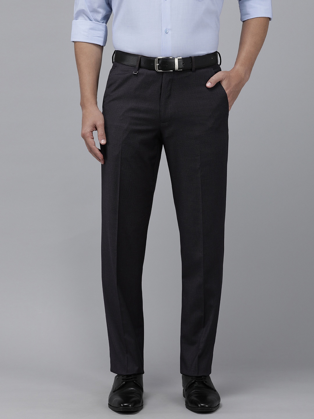 

Van Heusen Men Mid Rise Checked Formal Trousers, Charcoal