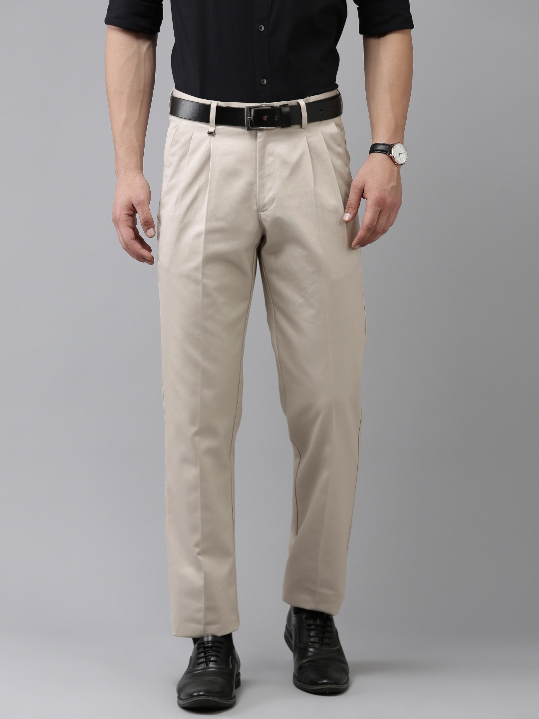 

Van Heusen Men Solid Mid Rise Pleated Formal Trousers, Beige