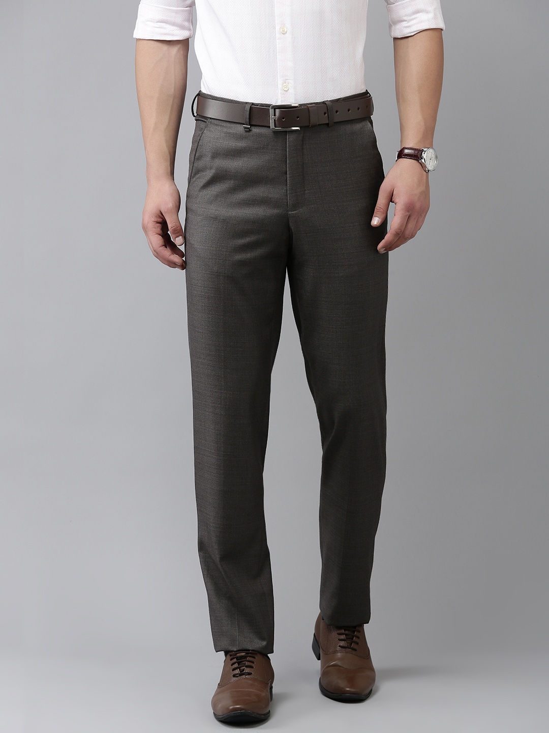 

Van Heusen Men Custom Regular Fit Mid-Rise Plain Woven Flat-Front Formal Trousers, Coffee brown