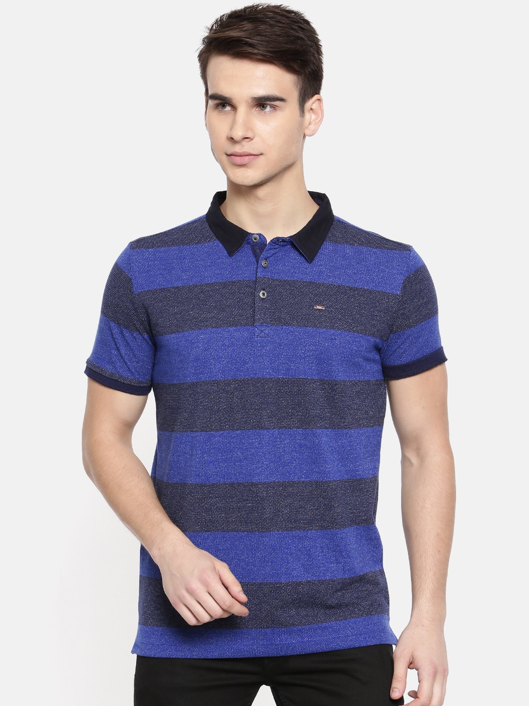 

SPYKAR Men Blue Striped Polo Collar T-shirt