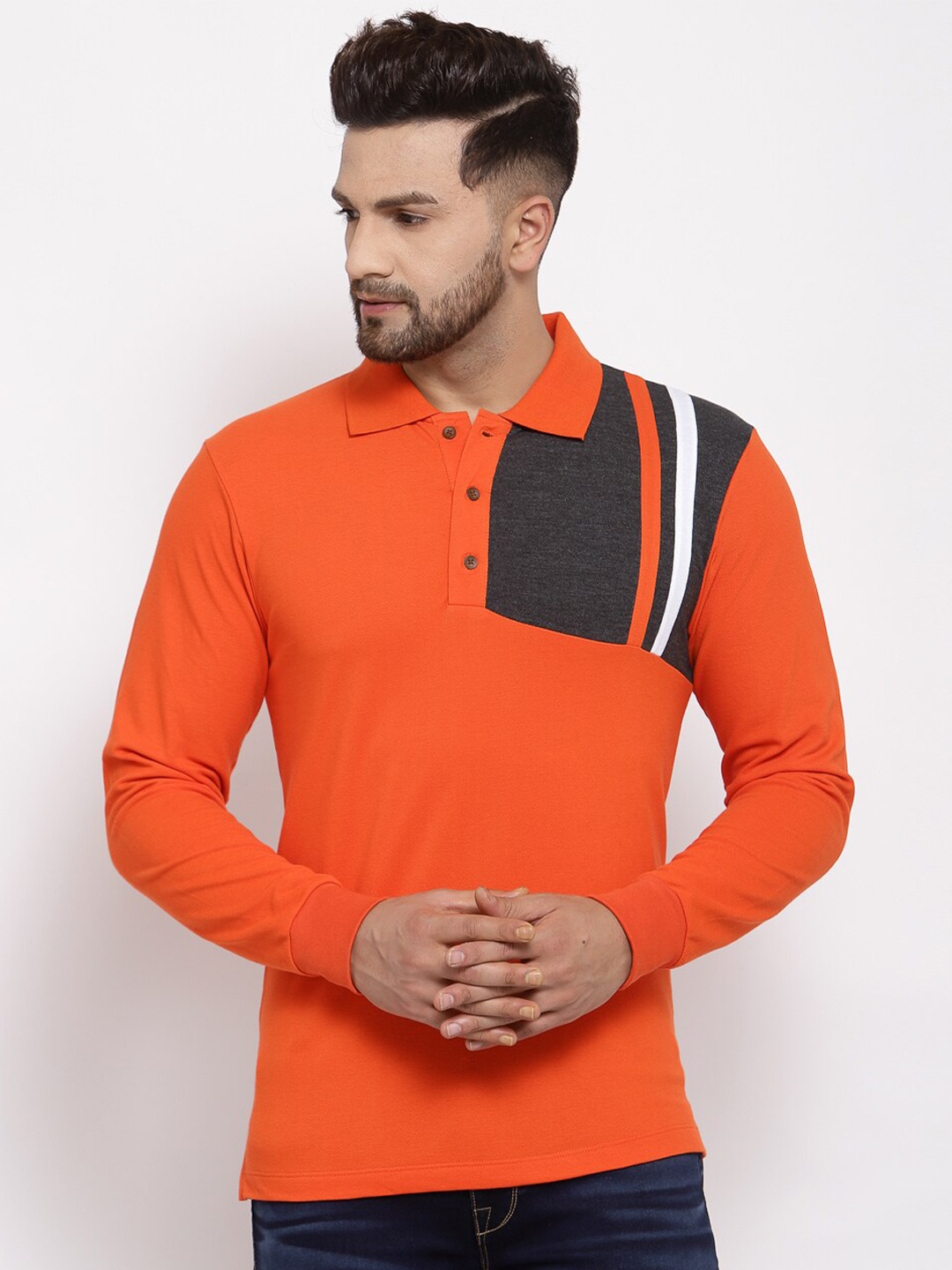 

Kalt Men Colourblocked Polo Collar T-shirt, Orange