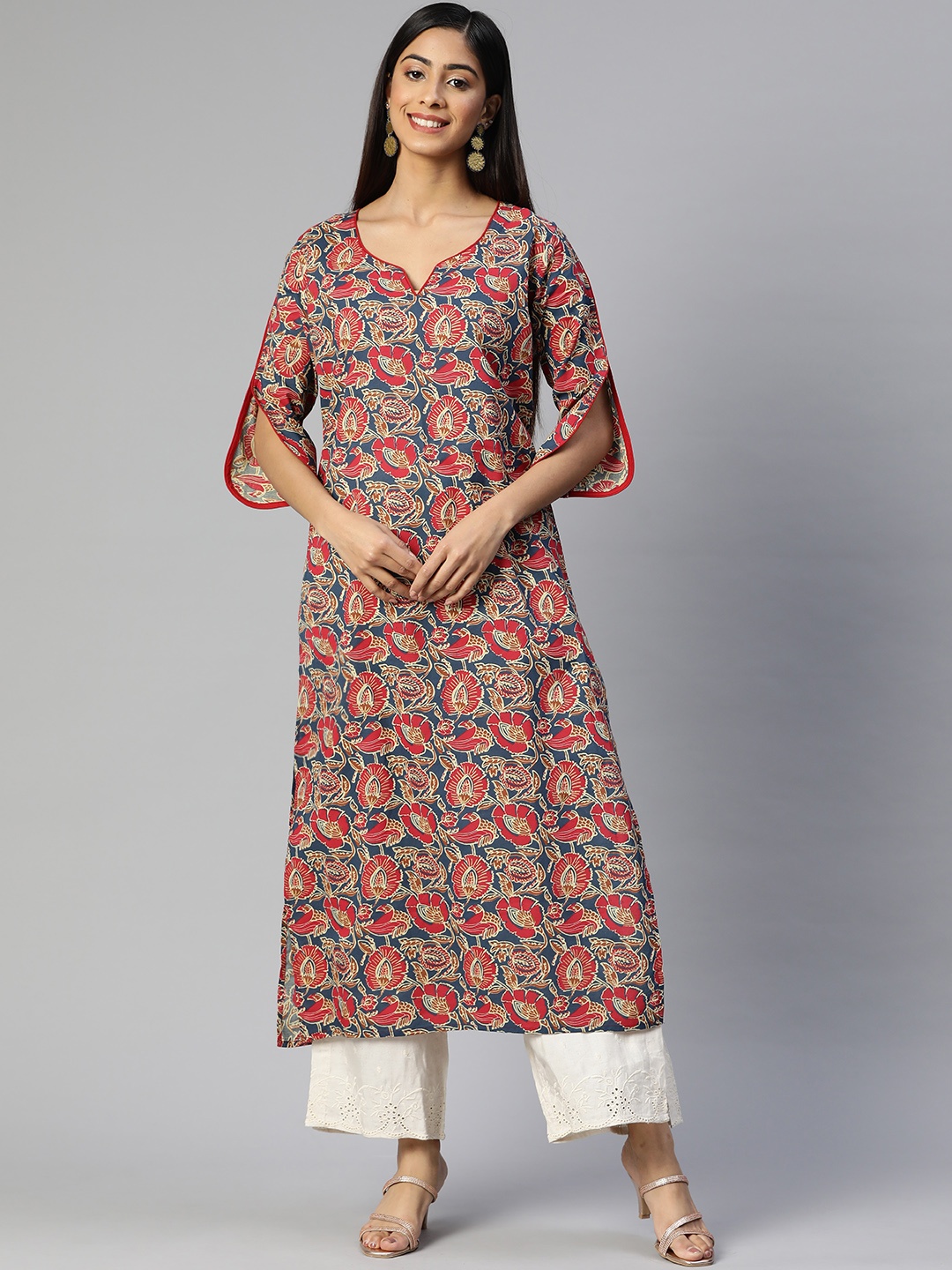 

Aasiya Women Navy Blue & Red Floral Printed Cotton Kurta